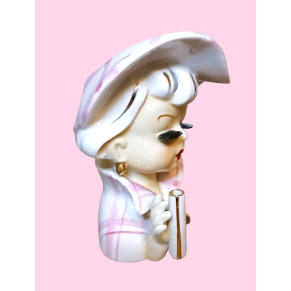Vtg Napco Lady Head Vase Planter Pink Plaid Gold Flower & Earrings NO UMBRELLA - Picture 2 of 6